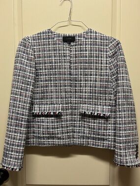 J. Crew Navy, White & Red Cotton Tweed Cropped Fully Lined Blazer size 6